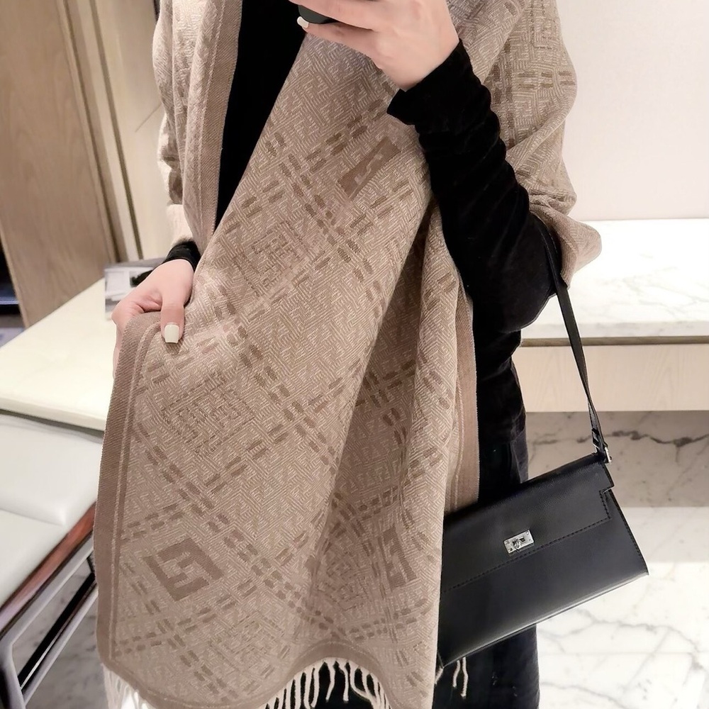 Fendi Beige Logo Pattern Fringe Shawl Wrap